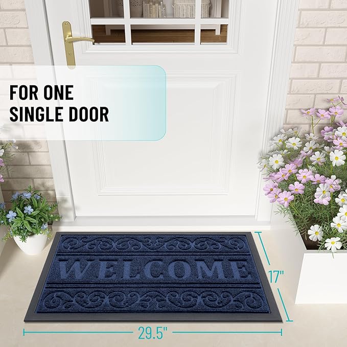 OLANLY Welcome Door Mat Indoor Outdoor Entrance, Heavy Duty Sturdy Front Door Mat, Waterproof All-Weather Doormat, Stain Resistant, Low Profile, Easy Clean Patio Entryway Mat, 36 x 24, Navy