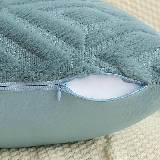 Pallene Light Teal Throw Pillow Covers 18x18 Set of 2, Soft Plush Faux Fur Decorative Couch Pillow Covers for Sofa Bed Living Room Pillow Cases with 3D Diamond Pattern
