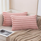 ZLINA Set of 2 Baby Pink Faux Fur Decorative Throw Pillow Covers Fluffy Striped Pillowcase Cushion Covers 12 x 20 Inch Decor Sofa Couch Bedroom