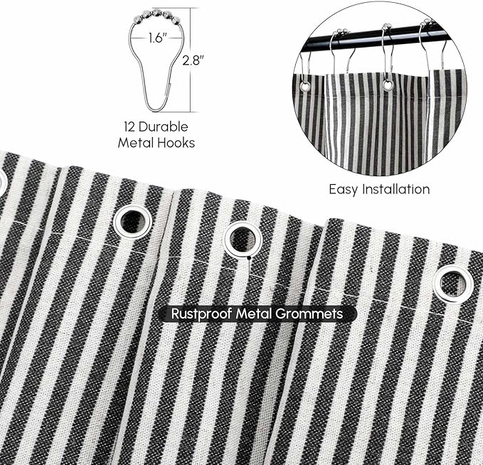 WELTRXE Black and White Shower Curtain, Vintage Shower Curtain Set, Rustic Bathroom Decor, Heavy Duty Fabric Water Repellent with 12 Rust-Proof Metal Hooks for Bathroom Hotel Bathtub, 72x72 Inch