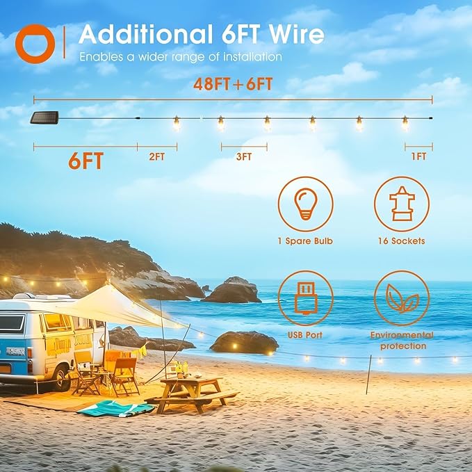 addlon 54FT(48+6) Solar String Lights Outdoor Waterproof with USB Charging & Remote Control - Dimmable Solar Power Patio Lights with LED Bulbs for Porch, Garden, Yard, Market, Bistro - Last for 20+Hrs