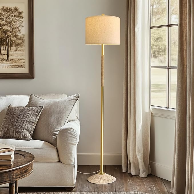 Oneach 63" Modern Floor Lamp for Living Room, Gold Boho Standing Lamp with Unique Rope Design, Rotary Switch, Farmhouse Tall Lamps for Bedroom Office Dining Room (Without Bulb)