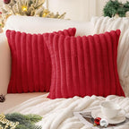 MOSAYT Christmas Faux Fur Throw Pillow Covers 18x18, Set of 2, Plush Velvet Soft Pillow Case,Fluffy Striped Decorative Couch Pillow Covers for Sofa, Bedroom, Living Room(Red)