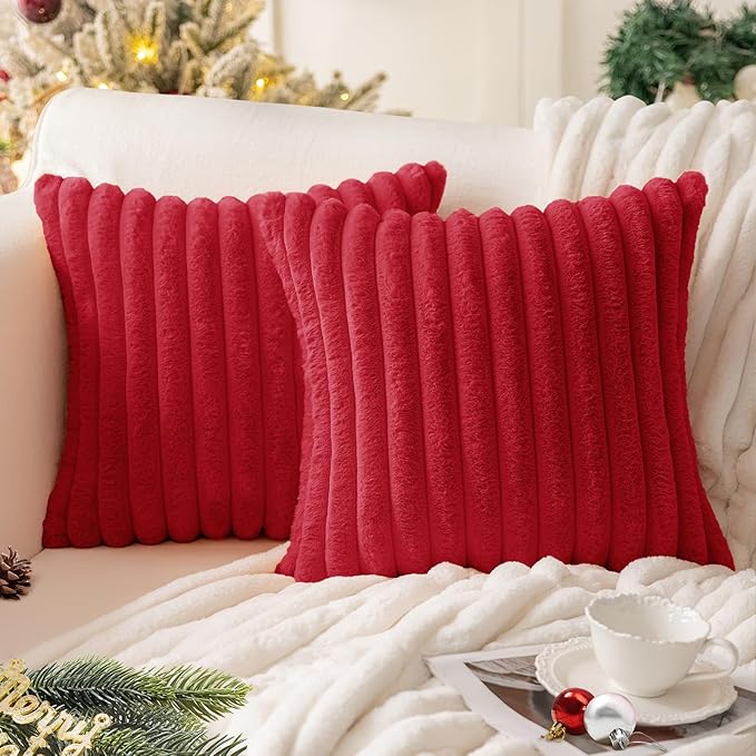 MOSAYT Christmas Faux Fur Throw Pillow Covers 20x20, Set of 2, Plush Velvet Soft Pillow Case,Fluffy Striped Decorative Couch Pillow Covers for Sofa, Bedroom, Living Room(Red)