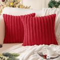 MOSAYT Christmas Faux Fur Throw Pillow Covers 20x20, Set of 2, Plush Velvet Soft Pillow Case,Fluffy Striped Decorative Couch Pillow Covers for Sofa, Bedroom, Living Room(Red)