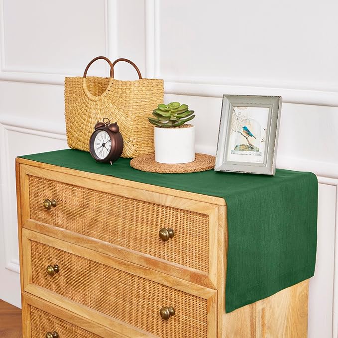 Solino Home Linen Table Runner 48 Inches - 100% Pure Linen Pine Green Table Runner 14 x 48 Inch Ideal for Dresser and Coffee Tables - Fall, Autumn, Thanksgiving, Christmas - Fete