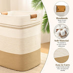 Laundry Hamper, 85L Tall Laundry Basket with Leather Handles, Rectangle Large Clothes Hamper for Organizing, Cotton Woven Laundry Baskets Storage Hampers for Bedroom, Nursery, Living Room