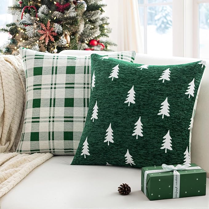 MIULEE Christmas Decorative Chenille Throw Pillow Covers, 18x18 Inch, Green White Tree, Set of 2 Cute Trees with Plaid Patterns Pillows for Sofa Couch Bedroom Chair Xmas Home Decor