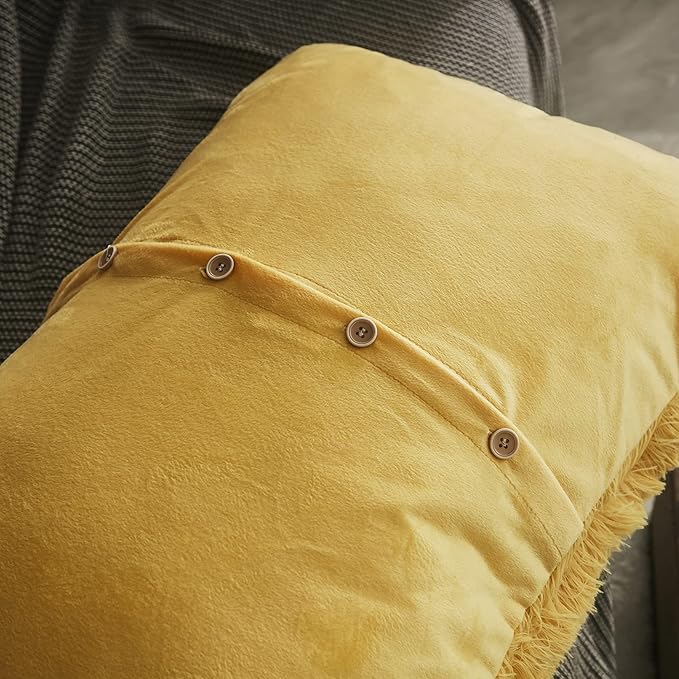 WERDIM Shaggy Fluffy Faux Fur Pillowcases 2 Pack Button Closure Velvet Pillow Shams King Size (Yellow, 20 X 36 Inches)