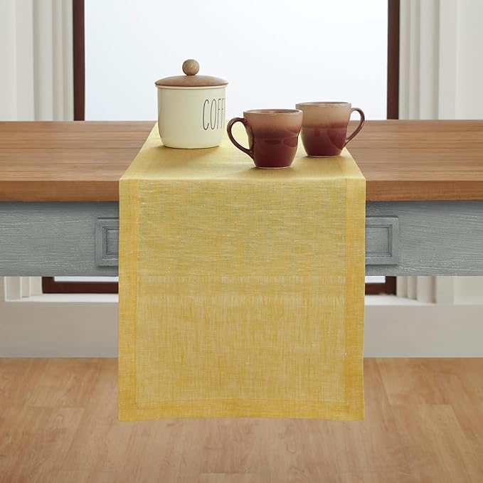 Solino Home Linen Table Runner 90 Inches Long - Athena, 100% Pure Linen Chambray Lemon Yellow Table Runner 14 x 90 Inch