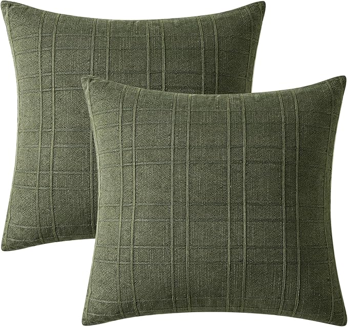 MIULEE Decorative Linen Check Euro Shams Throw Pillow Covers Neutral Farmhouse Vintage Christmas Pillow Covers 24x24 Set of 2 Boho Modern Home Decor for Sofa Couch Bedroom Cushion Dark Olive Green