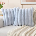 FUTEI Light Blue Decorative Throw Pillow Covers 16x16 Inch Set of 2, Square Soft Faux Rabbit Fur Big Striped Cushion Cover,Home Decor for Couch Sofa Bed Living Room