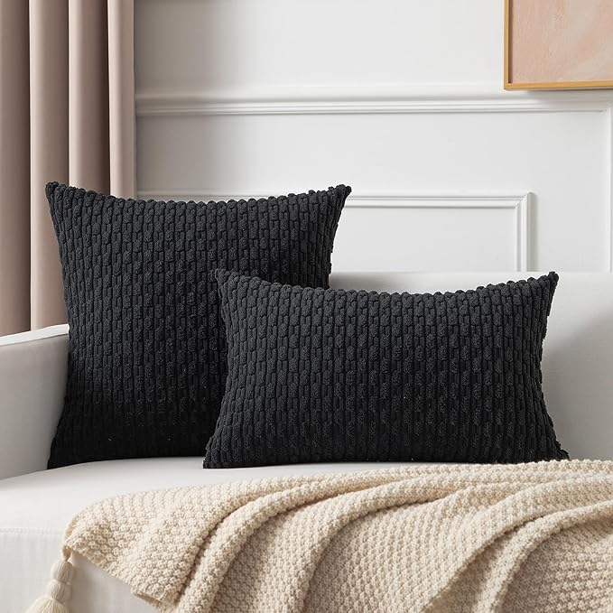 Kevin Textile Rectangle Throw Pillow Covers Ultra Soft Striped Corduroy Solid Cushion Covers Oblong Throw Pillowcases for Lumbar 12 x 20 inch Black