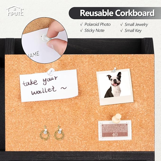 Key Holder for Wall Mount with Mail Organizer, Farmhouse Key Holder for Wall with Shelf, Chalkboard&Corkboard, Entryway Organizer 11 Metal Hooks, Decorative Natural Pine Wood, 14.6*11.1*3.3”, B-Black