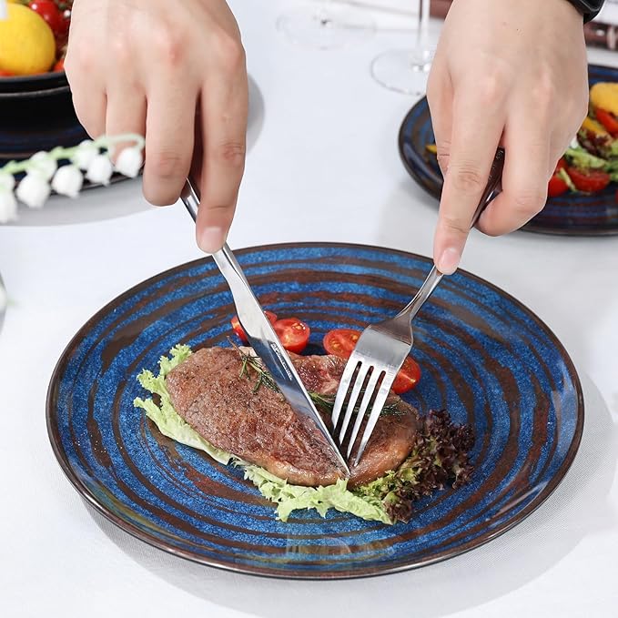 Melamine Dinnerware Set, 12-Piece Plates and Bowls Set, Blue Threaded Plastic Dishes Set, Service for 4, BPA-Free, Dishwasher Safe