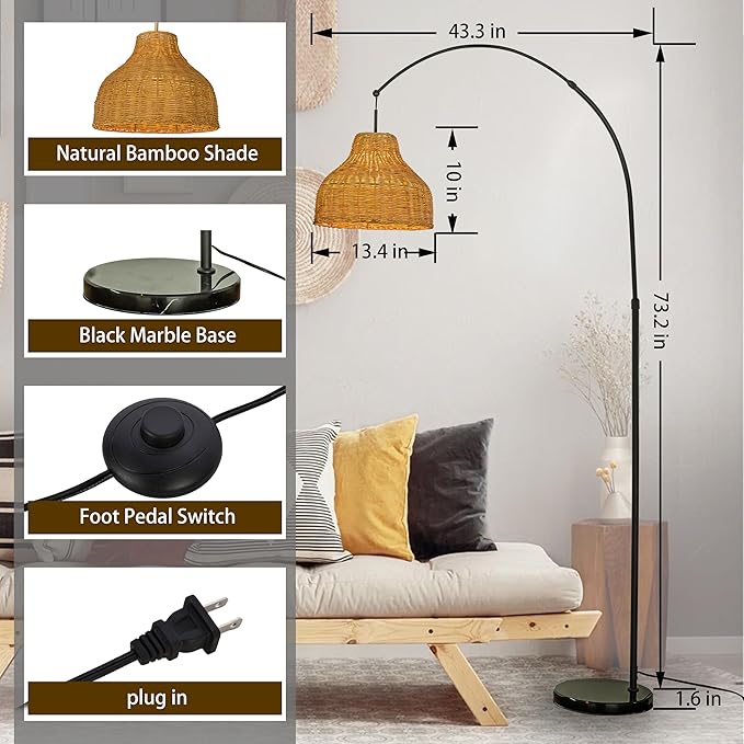 ALOADECOR 75" 1-Light Matte Black Arc Floor Lamp with Brown Rattan Shade and Marble Base Farmhouse Rattan Floor Lamp for Living Room Dining Room Bedroom