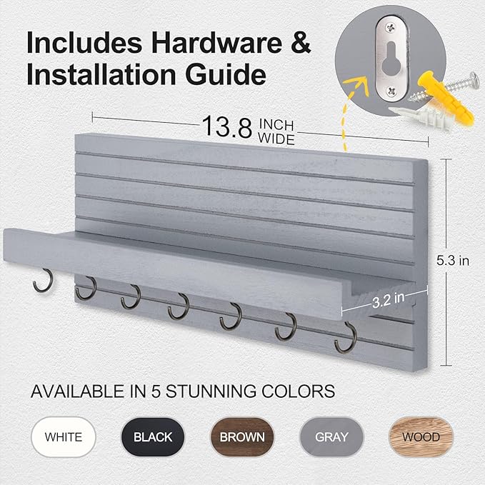 Key Holder Wall Mount, Entryway Mail Organizer with Shelf, Decorative Key Hanger with 7 Hooks Holds Leashes and Glasses, Includes Mounting Hardware (13.8” x 5.3” x 3.2”)