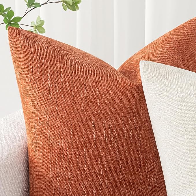MIULEE Pack of 2 Fall Decorative Throw Pillow Covers Soft Chenille Throw Pillows Solid Textured Cushion Covers Home Decor for Couch Sofa Bedroom Living Room 18x18 Inch, Burnt Orange