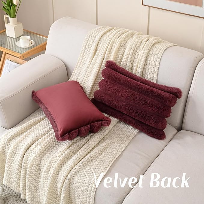 FUTEI Burgundy Decorative Throw Pillow Covers 12x20 Inch Set of 2, Square Soft Faux Rabbit Fur Big Striped Cushion Cover,Home Decor for Couch Sofa Bed Living Room