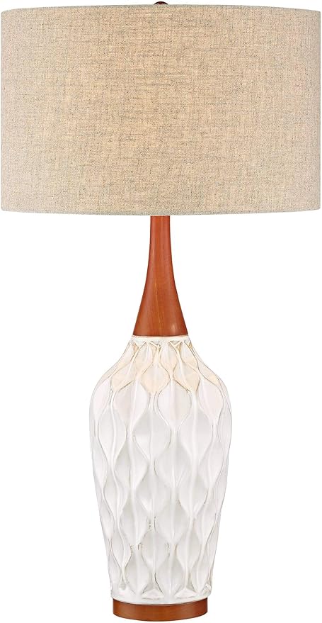 360 Lighting Rocco Mid Century Modern Table Lamp 30" Tall White Wave Geometric Ceramic Oak Wooden Neck Tan Fabric Drum Shade for Living Room Bedroom House Bedside Nightstand Home Office