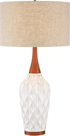 360 Lighting Rocco Mid Century Modern Table Lamp 30" Tall White Wave Geometric Ceramic Oak Wooden Neck Tan Fabric Drum Shade for Living Room Bedroom House Bedside Nightstand Home Office