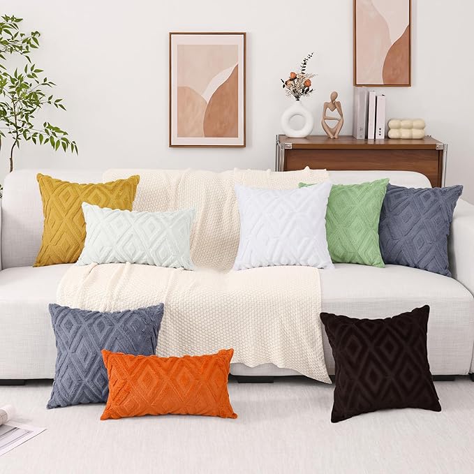 Pallene Sage Green Throw Pillow Covers 18x18 Set of 2, Soft Plush Faux Fur Decorative Couch Pillow Covers for Sofa Bed Living Room Pillow Cases with 3D Diamond Pattern