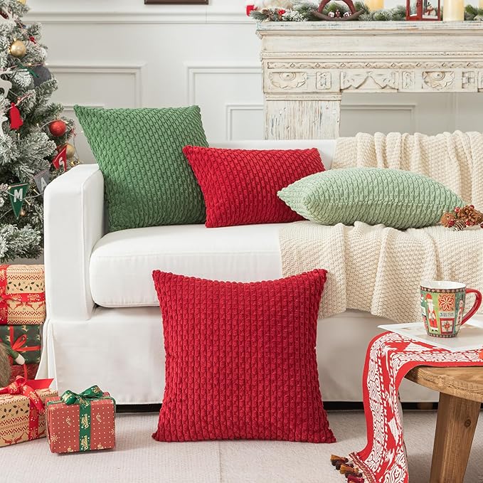 Kevin Textile Christmas Corduroy Decorative Throw Pillow Covers 24x24 Inch Pack of 2 Soft Boho Striped Pillow Covers Modern Farmhouse Home Decor for Sofa Living Room Couch Bed Burgundy