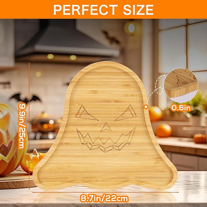 WILLKOMMEN Halloween Serving Tray, Ghost Shaped Charcuterie Board, Bamboo Serving Platter 10" x 9" for Party Child Spooky Cheese Appetizer Board Serving Plate Dishes for Snacks, Candy, Cookies