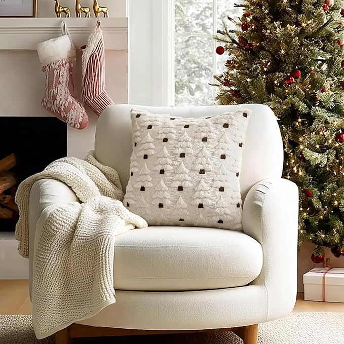 MIULEE Christmas Tree Decorative Pillow Covers Faux Fur Wool Throw Pillows Soft Plush Cushion Covers Set of 2 Xmas Home Decor Winter Holiday for Sofa Couch Livingroom Bed 18x18 Inch Cream