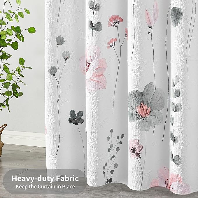 QiyI Extra Long Shower Curtain 72 x 84, Modern Watercolor Floral Bath Curtain, 3D Embossed Textured Grey Pink Flower Cloth Bathroom Curtains, Waterproof Fabric Farmhouse Shower Curtain Set with Hooks