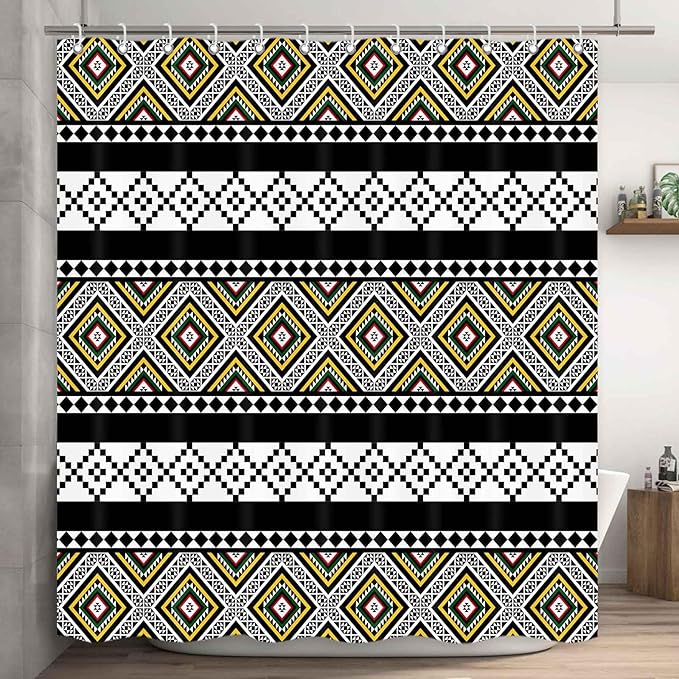 Boho Shower Curtain for Bathroom Bohemian Stripe Neutral Shower Curtains Fabric Black White Yellow Cloth Shower Curtain Modern Bathroom Waterproof Hooks Included 72 x 72 Inch