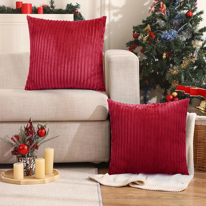 Simmore Decorative Throw Pillow Covers 26x26 Set of 2, Soft Natural Plush Flannel Double-Sided Fluffy Couch Pillow Covers for Sofa Living Room, Red