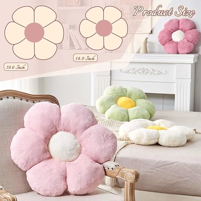 Blue Flower Pillow, Cute Decorative Shaped Throw Pillow With Faux Rabbit Fur, 19.6" Soft Plush Floor Pillows Room Decor for Bedroom Living Room