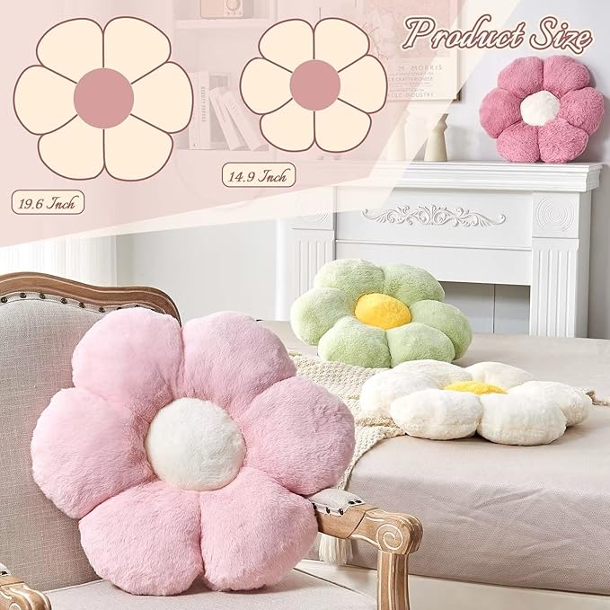 White Flower Plush Throw Pillow, Cute Decorative Flower Shaped with Faux Rabbit Fur, 14.9" Soft Throw Pillow for Bedroom Living Room