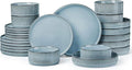 LIANYU Dinnerware Plates and Bowls Dishes Set, 24 Piece Elegant Stoneware Sets with Pasta Bowls for 6, Modern Ribbed Ceramic Dining Ware Dishware for Restaurant Wedding, Dishwasher Safe, Slate Blue