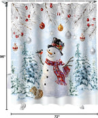 Snowman Shower Curtain, Blue Merry Christmas Tree Red Balls Squirrel Shower Curtains Set with Hooks, Winter Waterproof Fabric Bathroom Curtains Decor Home Accessories,72X 96 Inch Extra Long