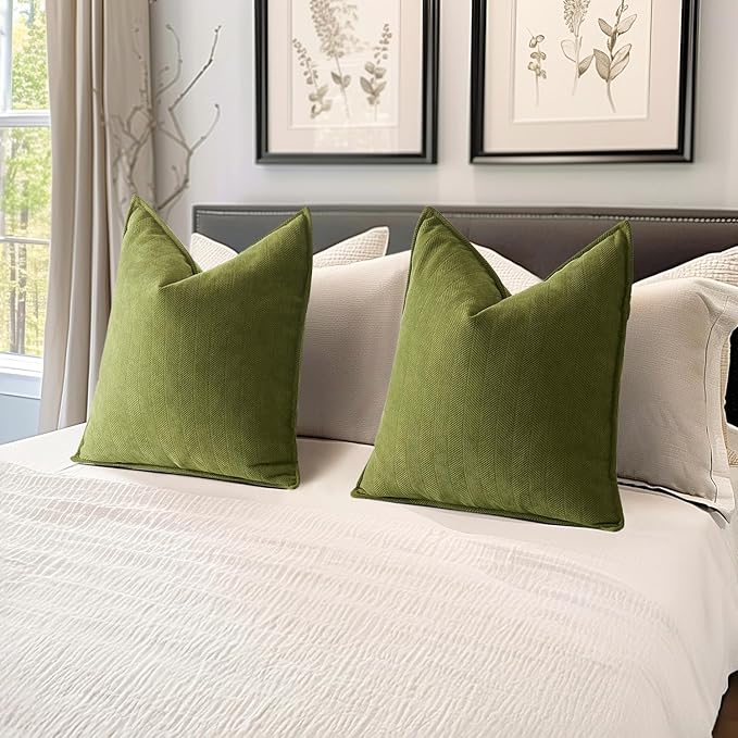 MIULEE Pack of 2 Moss Green Decorative Pillow Covers 24x24 Inch Soft Chenille Luxurious Couch Throw Pillows Farmhouse Cushion Covers Euro Shams with Elegant Design for Sofa Bed Living Room Home Decor