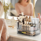 Delamu Makeup Organizer for Vanity with Stackable Drawers, 360 Rotating Makeup Brush Holder Large Cosmetic Display Case for Dresser, Bathroom Countertop Skincare Organizers and Storage, Crystal Black