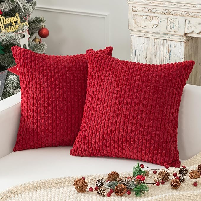 Kevin Textile Christmas Soft Striped Velvet Decorative Pillows Covers 16x16 Inch Set of 2 Boho Cushion Covers for Couch 40x40cm Burgundy