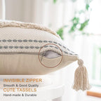 Boho Throw Pillow Covers 18x18 Set of 2 Woven Tufted Farmhouse Pillows Cover with Tassels Textured Striped Cushion Case Neutral Pillow Cases Decorative Pillowcase for Sofa, Couch, Bed, Khaki