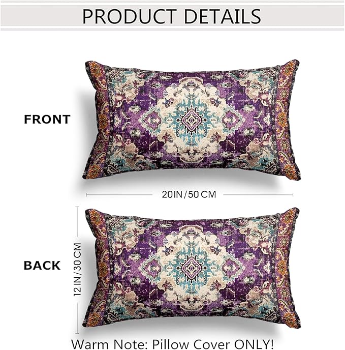 Snycler Boho Throw Pillow Covers 12x20 inch Set of 2 Boho Rug Carpet Double Sided Pattern Cotton Soft Pillow Case Cushion Cover Pillowcase for Couch Sofa Bed Decorative (Purple)