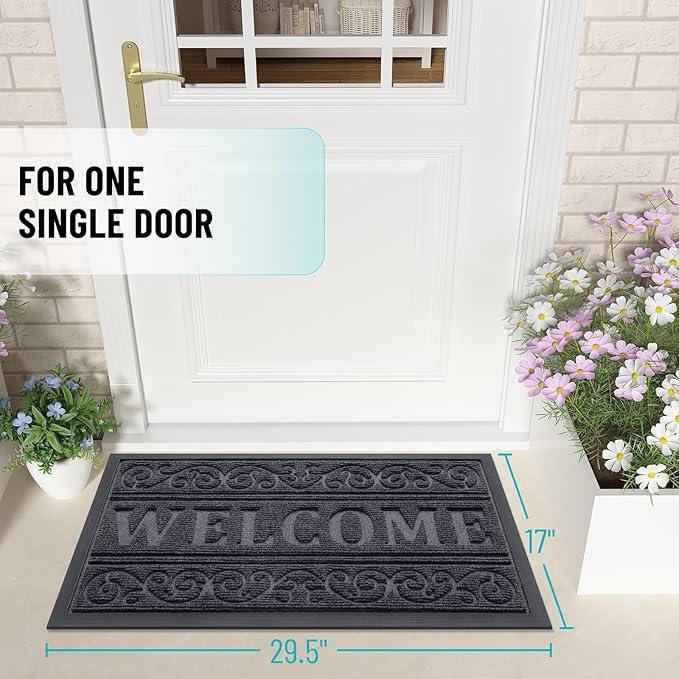 OLANLY Welcome Door Mat Indoor Outdoor Entrance, Heavy Duty Sturdy Front Door Mat, Waterproof All-Weather Doormat, Stain Resistant, Low Profile, Easy Clean Patio Entryway Mat, 29.5 x 17, Grey