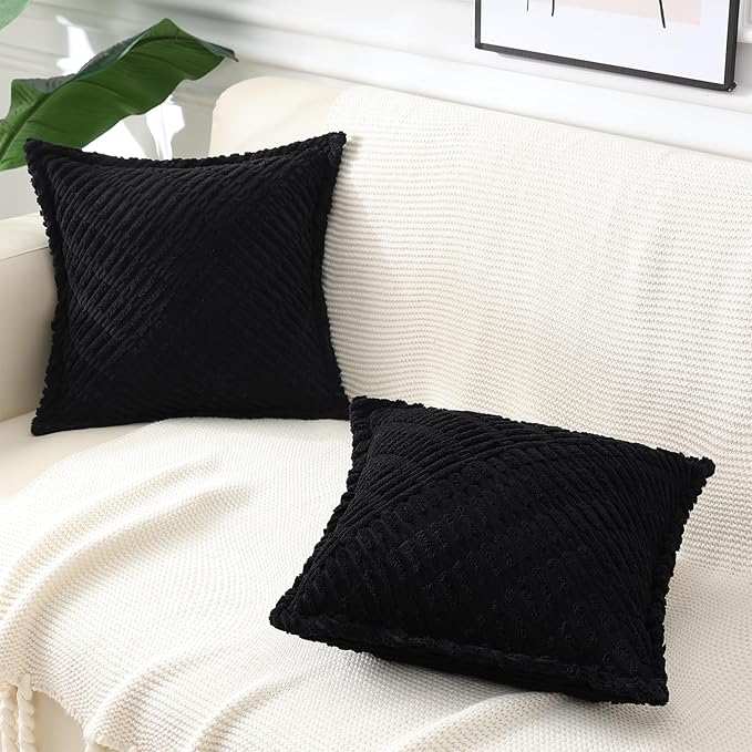 decorUhome Decorative Black Throw Pillow Covers 20x20 Set of 2 with Splicing, Boho Soft Neutral Corduroy Broadside Twill Pillow Covers for Couch Bed Sofa Living Room