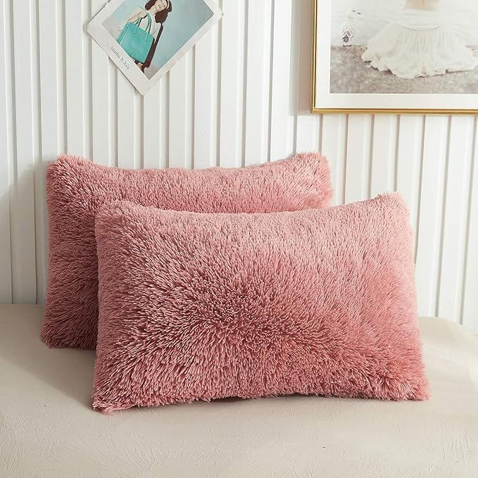 XeGe Faux Fur Dusty Pink Pillow Cases, Plush Shaggy Ultra Soft Fluffy Crystal Velvet Decorative Bed Pillowcases, Furry Fuzzy Pillow Shams with Zipper Closure, Set of 2 (King, Dusty Pink)