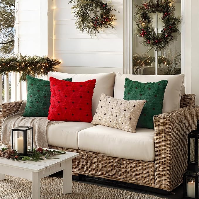 MIULEE Christmas Tree Decorative Pillow Covers Faux Fur Wool Throw Pillows Soft Plush Cushion Covers Set of 2 Xmas Home Decor Winter Holiday for Sofa Couch Livingroom Bed 18x18 Inch Dark Green