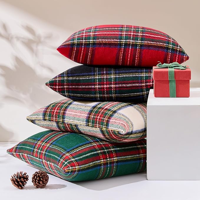 MIULEE Christmas Plaid Decorative Throw Pillow Covers Set of 2 Scottish Tartan Vintage Farmhouse Winter Cuhion Case Pillow Covers for Couch livingroom Sofa Bed Porch Home Decor 18x18inch Red