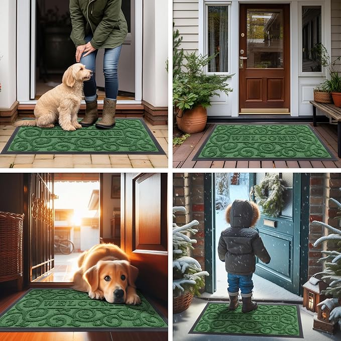 Smiry Welcome Door Mat Outside Entrance, Heavy Duty Trap Dirt and Moisture Easy Clean Low Profile Patio Porch Indoor Outdoor Front Doormat for Entry, 29.5x17 Inch, Green/Welcome