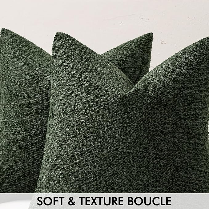 MIULEE 24x24 Christmas Decorative Euro Sham Throw Pillows for Bed Set of 2 Textured Boucle Neutral Winter Throw Pillow Covers Dark Green Accent Solid Couch Pillowcase Sofa Livingroom Home Decor