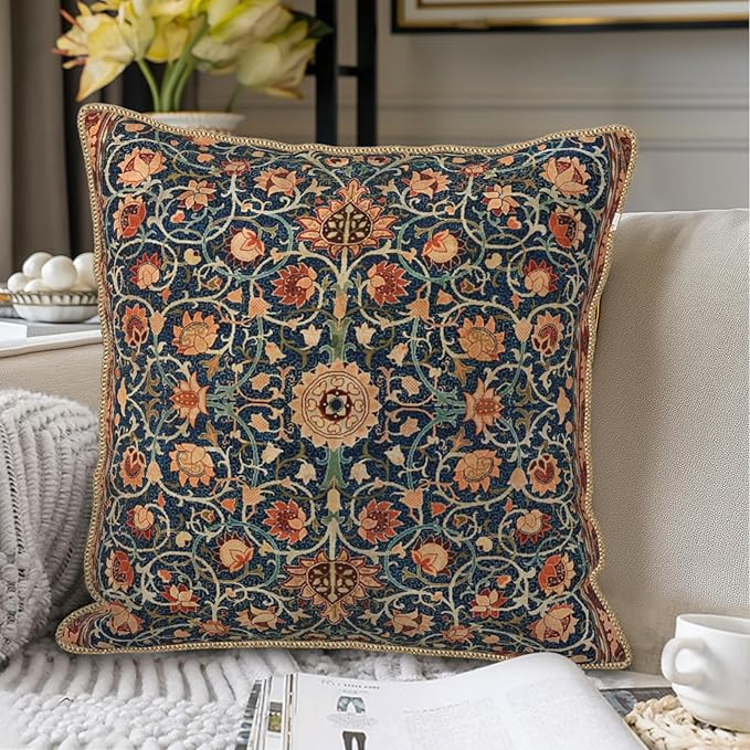 Vintage Floral Soft Velvet Throw Pillow Covers Set of 2 Burnt Orange Navy Flowers Plant Decorative Pillow Covers 18x18 Inch Art Botanical Pillow Case For Sofa Couch Outdoor Farmhouse Home Decor