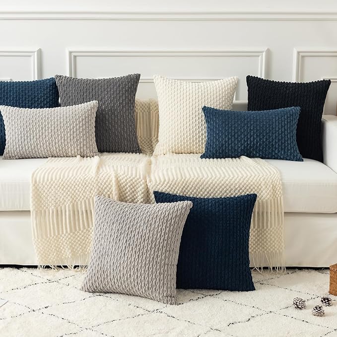 Kevin Textile Blue Throw Pillow Covers Soft Corduroy Decorative Set of 2 Boho Striped Pillow Covers Pillowcases Farmhouse Home Decor for Couch Bed Sofa Living Room 26x26 Inch